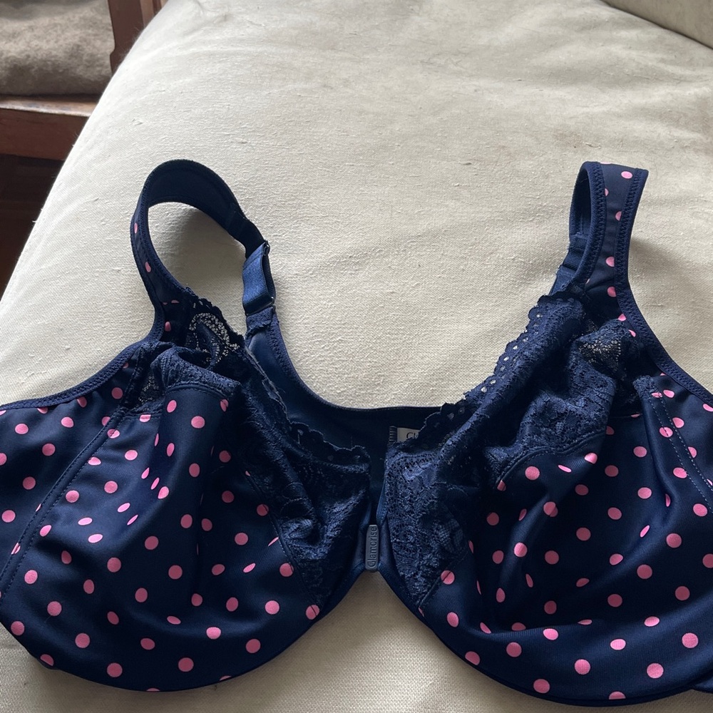 glamorize Navy Blue Bra with Pink Polka Dots - front closure